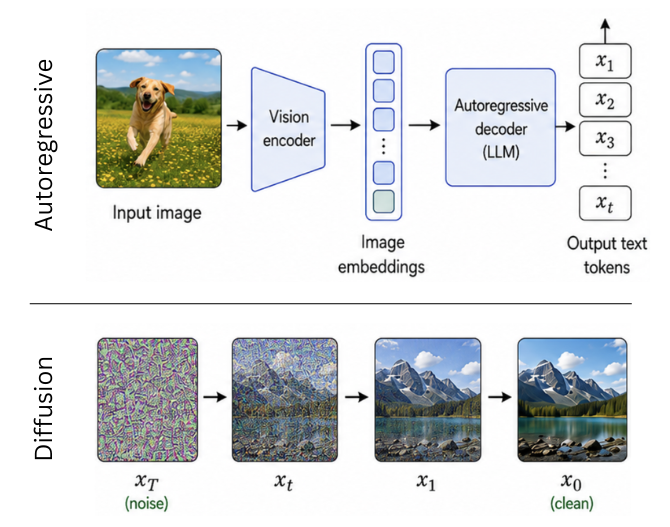 A comparison diagram showing an autoregressive VLM pipeline from input image through vision encoder and autoregressive decoder to output text tokens, contrasted with a diffusion model denoising sequence from noise to a clean image.
